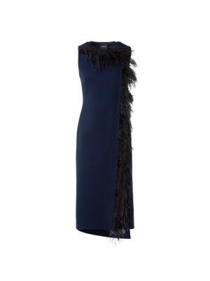 Designer Asymmetrical Midi Dress with Feather Trim - navy - blue - multicolor