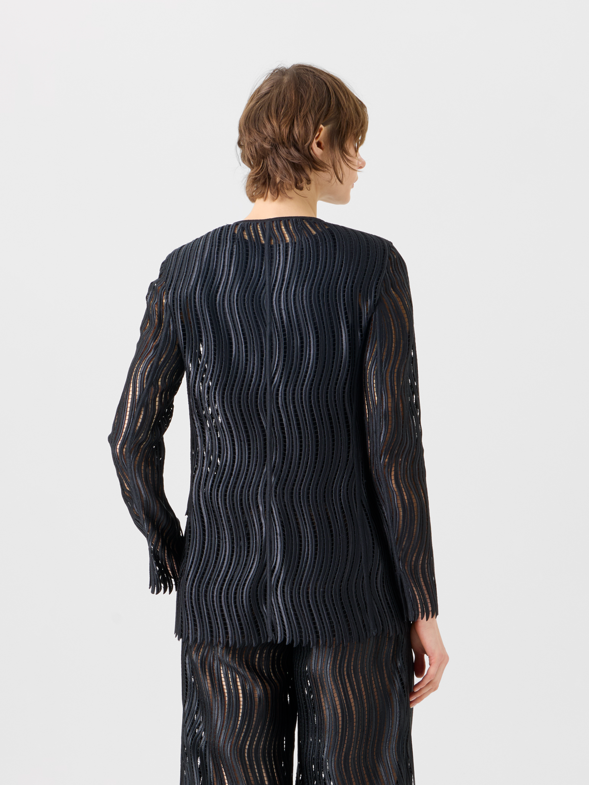 Designer Hekka Long Sheer Wave Guipure Jacket - black #editorial