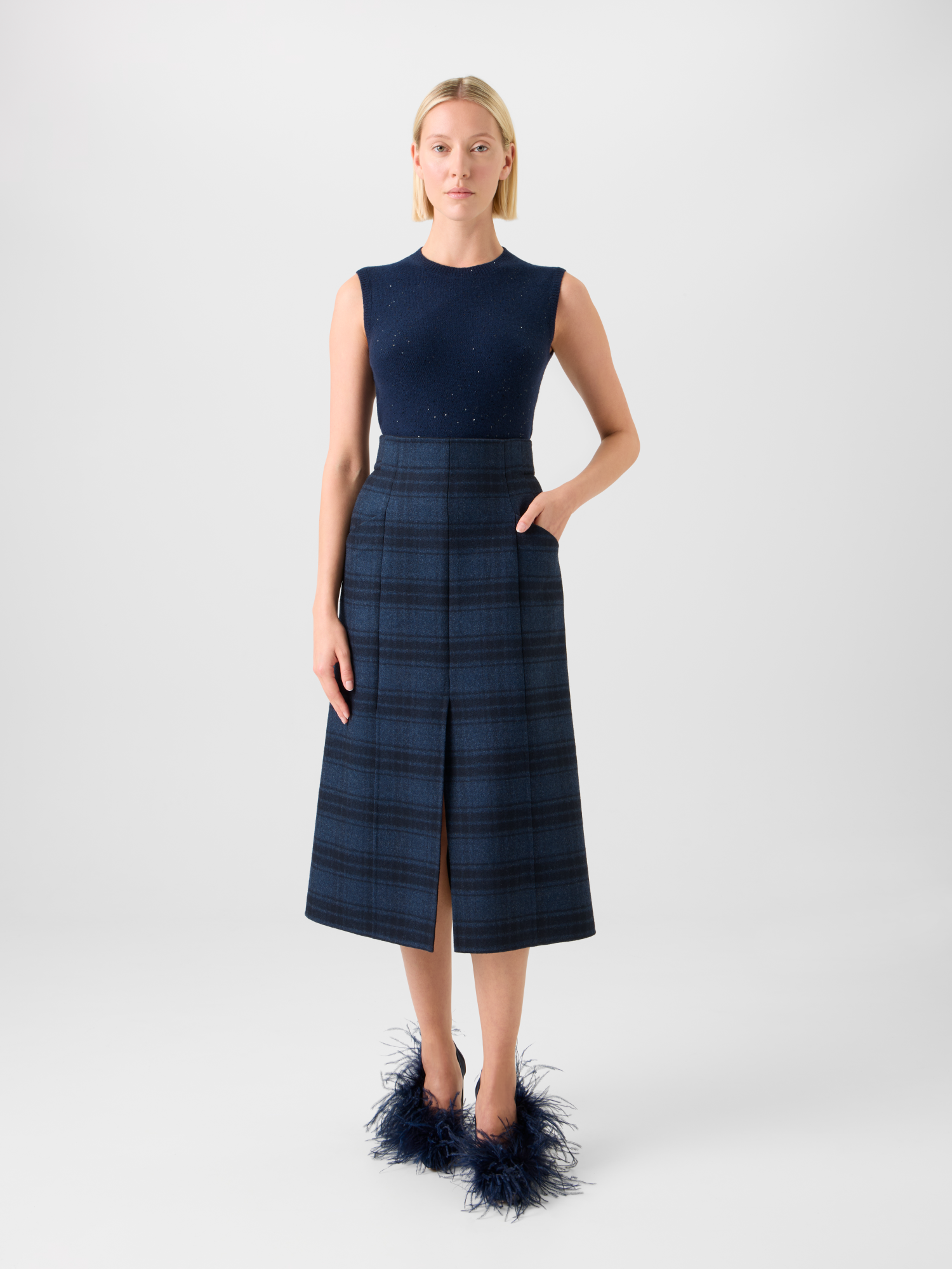 Designer Sequins Wool Cashmere Knit Top - neutral - navy - blue 