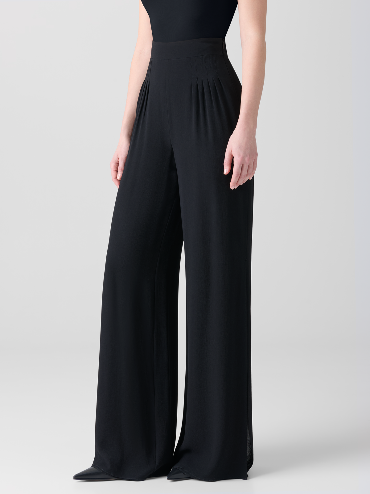 Designer Palazzo Silk Pants with Side Slits - black - neutral #editorial
