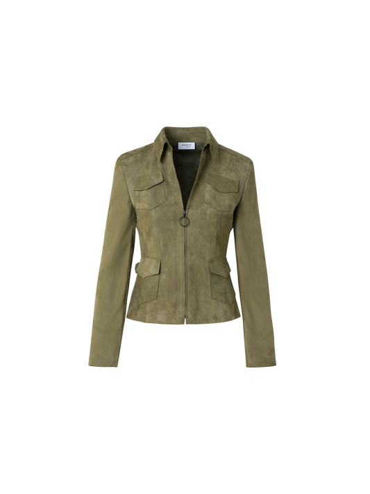 Designer Fitted Suede Utility Jacket - neutral - green