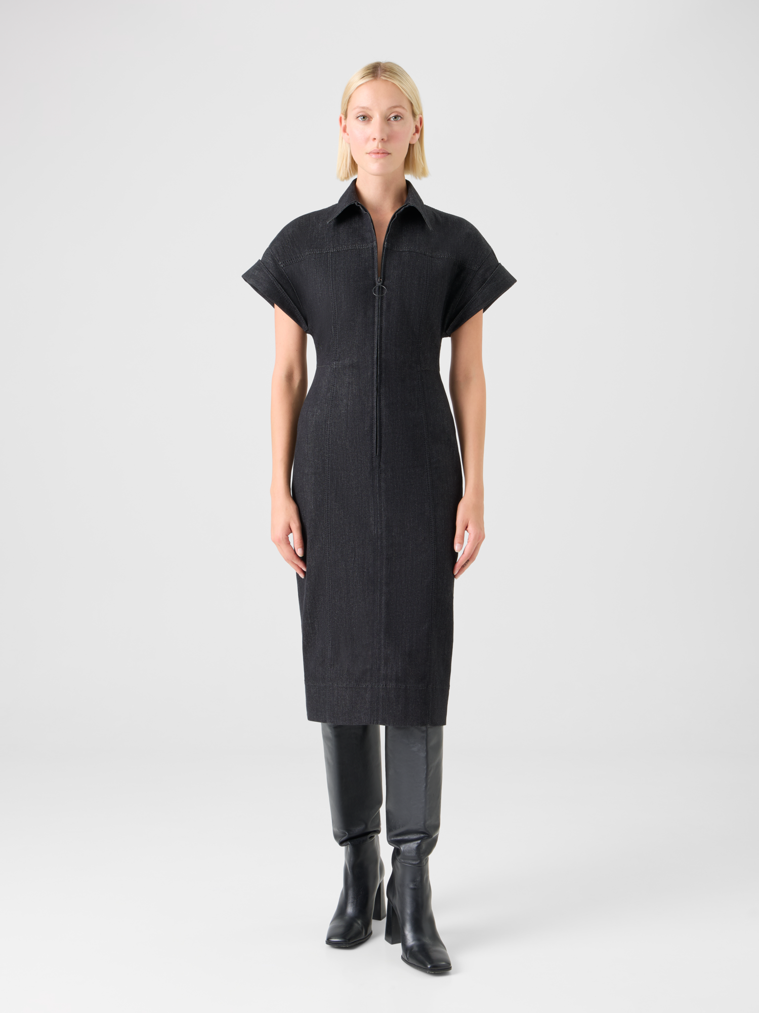 Designer Fitted Cotton Stretch Denim Dress - black 