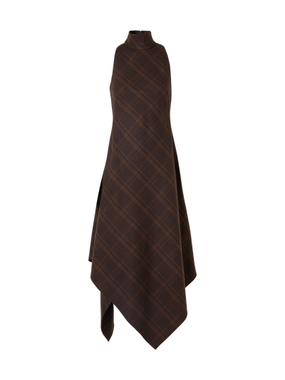 Designer Halter Midi Dress in Check Flannel - brown