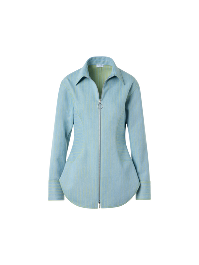 Designer Pinstripe Denim Fitted Blouse - pastel - blue