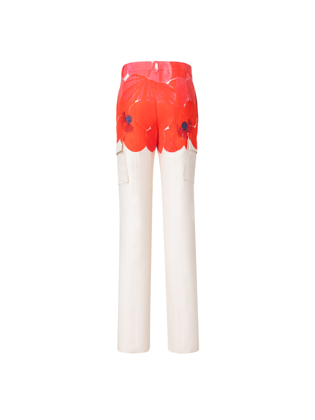 Designer Straight Cotton Silk Cargo Pants with Poppy Print - multicolor - ecru - red - white