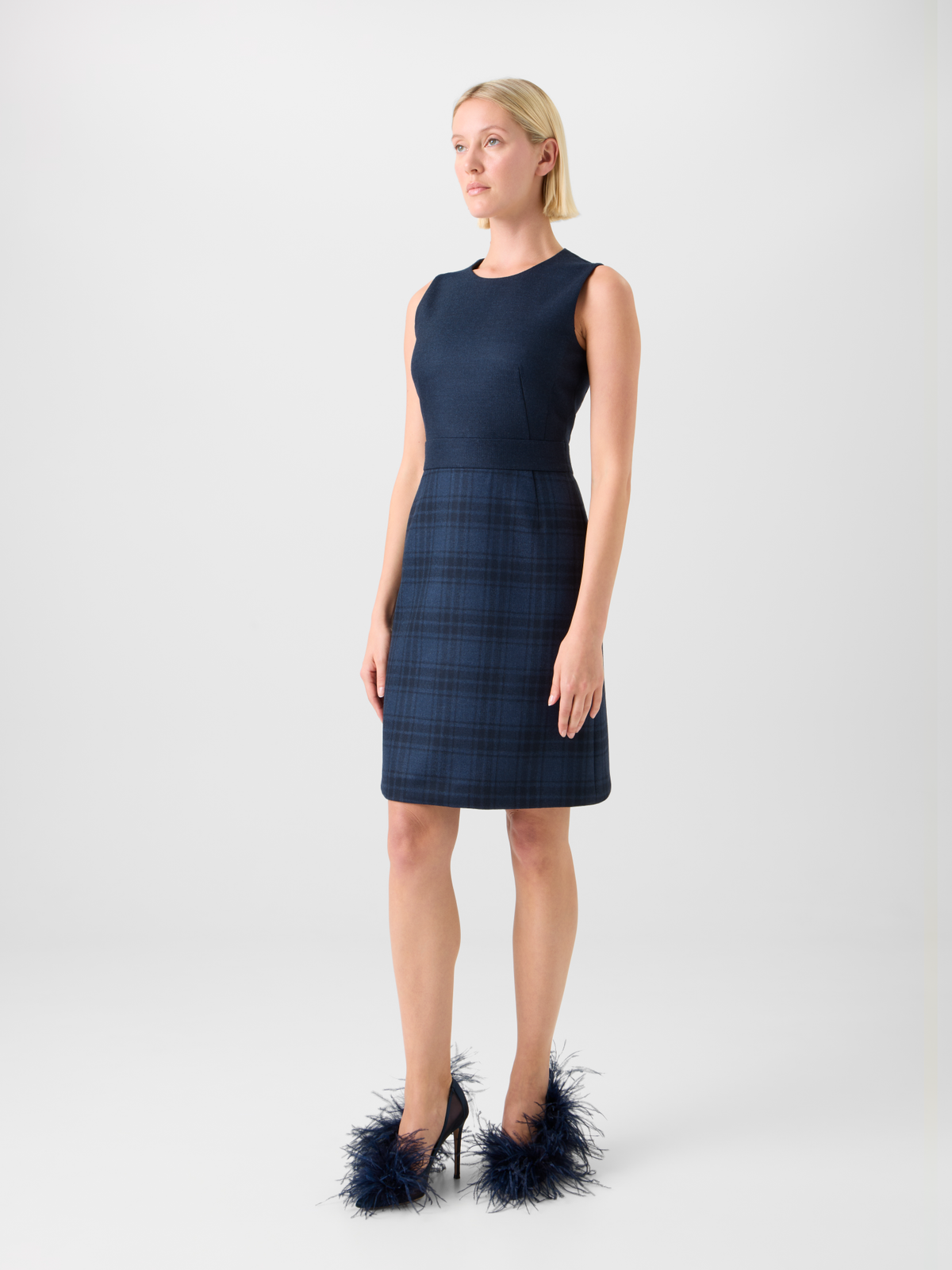 Designer Short Wool Double-Face Plaid A-Line Dress - neutral - navy - blue #editorial