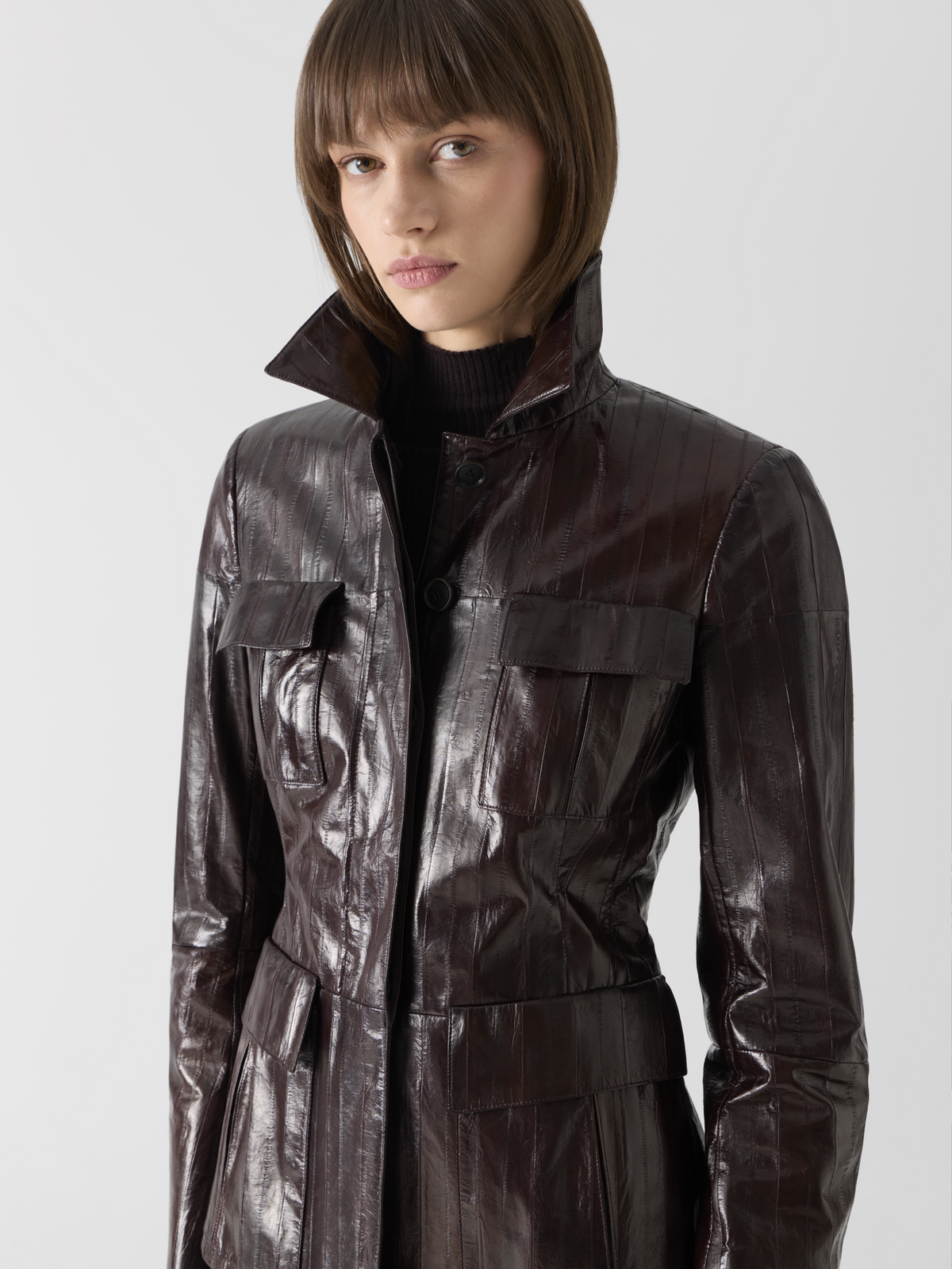 Designer Fitted Lacquered Eel Leather Jacket - brown 