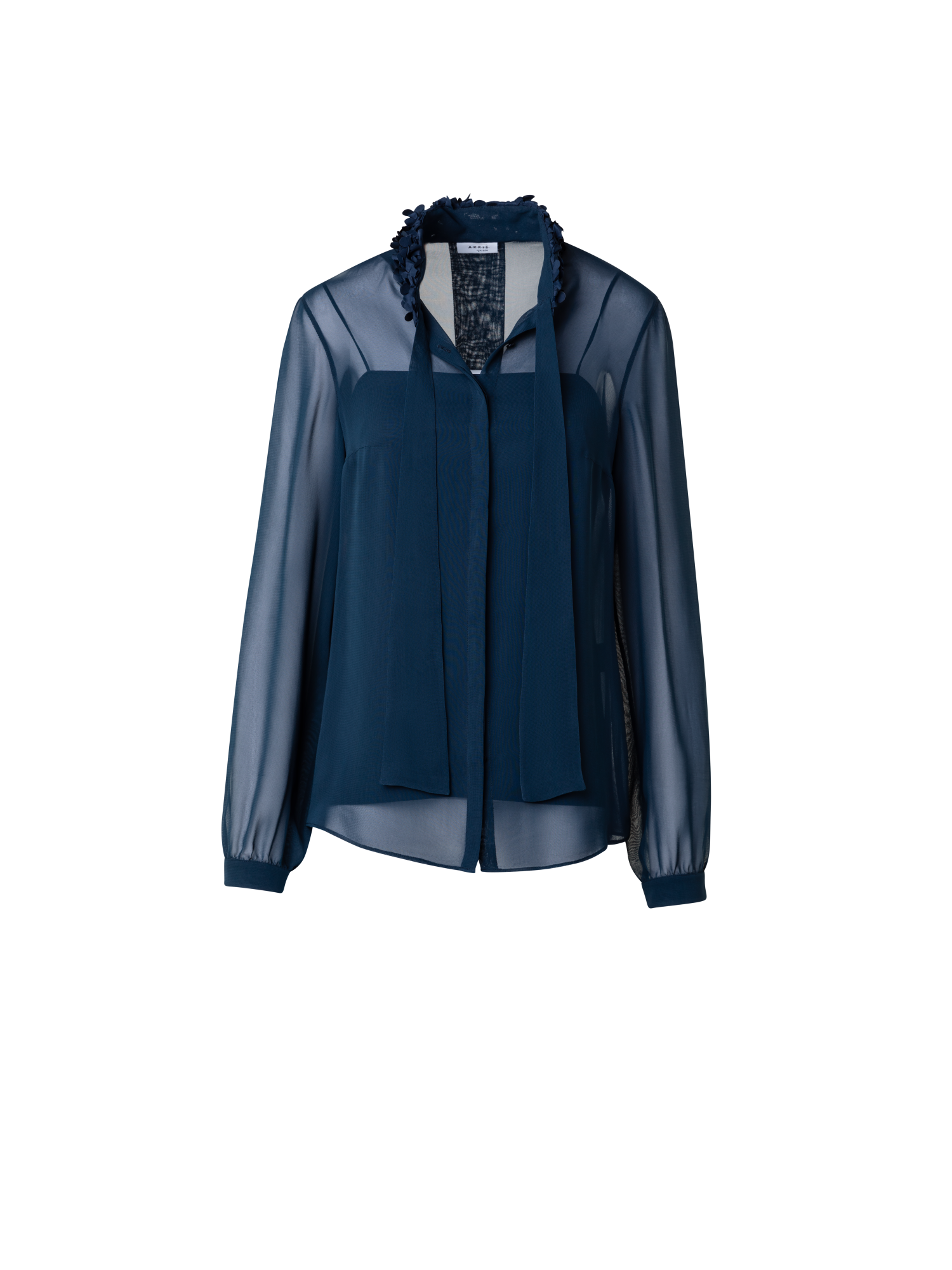 Designer Sheer Blouse with Bow and 3D Laser Cut Flakes - navy - blue