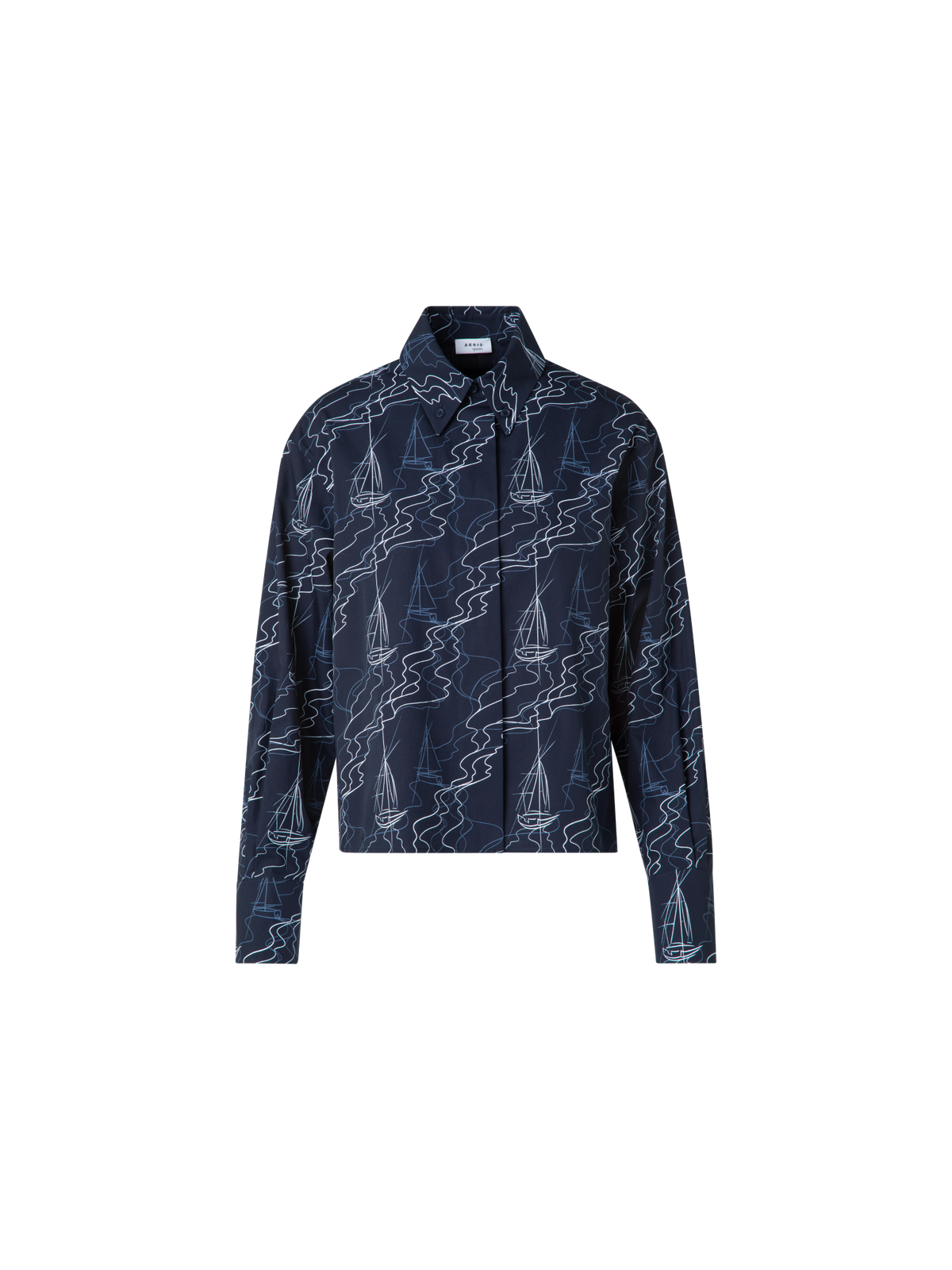 Designer Boxy Blouse in Cotton with Sailboat Print - navy - blue - multicolor