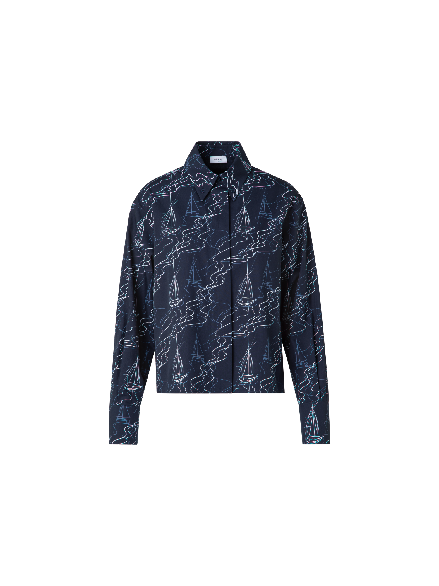 Designer Boxy Blouse in Cotton with Sailboat Print - navy - blue - multicolor