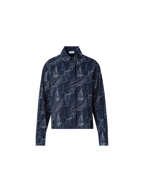 Designer Boxy Blouse in Cotton with Sailboat Print - navy - blue - multicolor