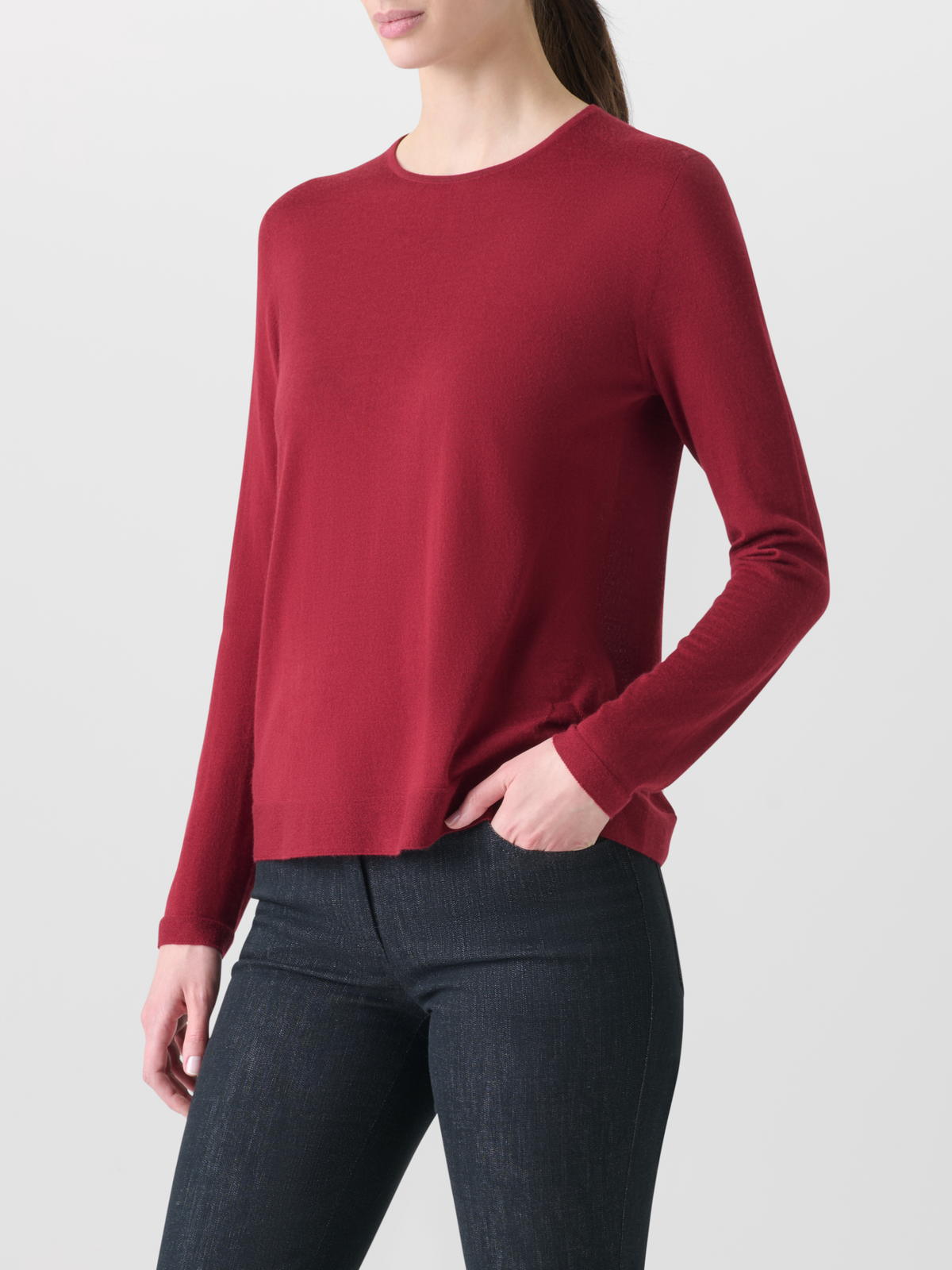 Designer Seamless Crew Neck Sweater in Cashmere Silk - wine - red 