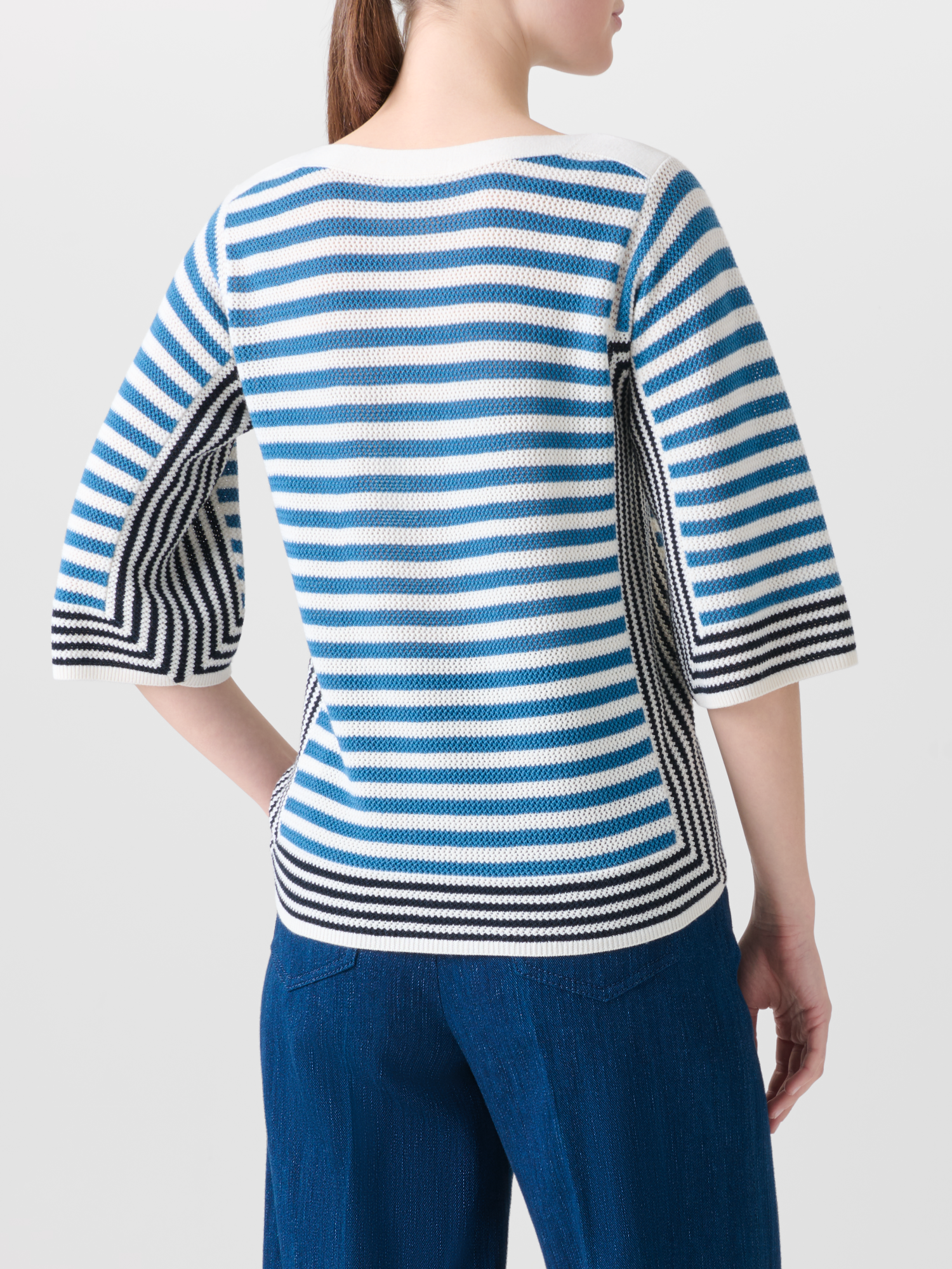 Designer Striped Volume-Sleeve Sweater in Merino Wool - blue - multicolor 