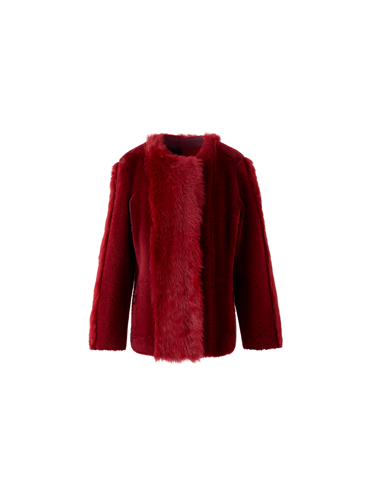 Designer Boxy Patchwork Shearling Short Coat - red