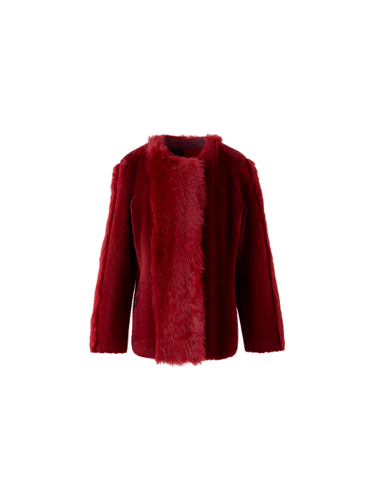 Designer Boxy Patchwork Shearling Short Coat - red