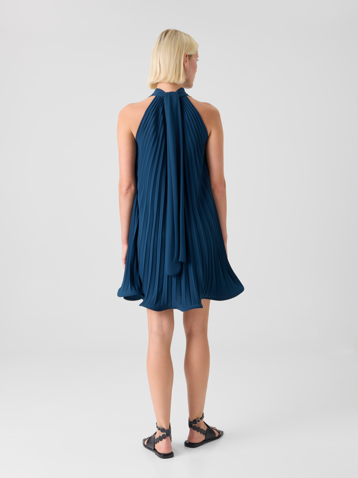 Designer A-Line Plissé Halter Mini Dress - navy