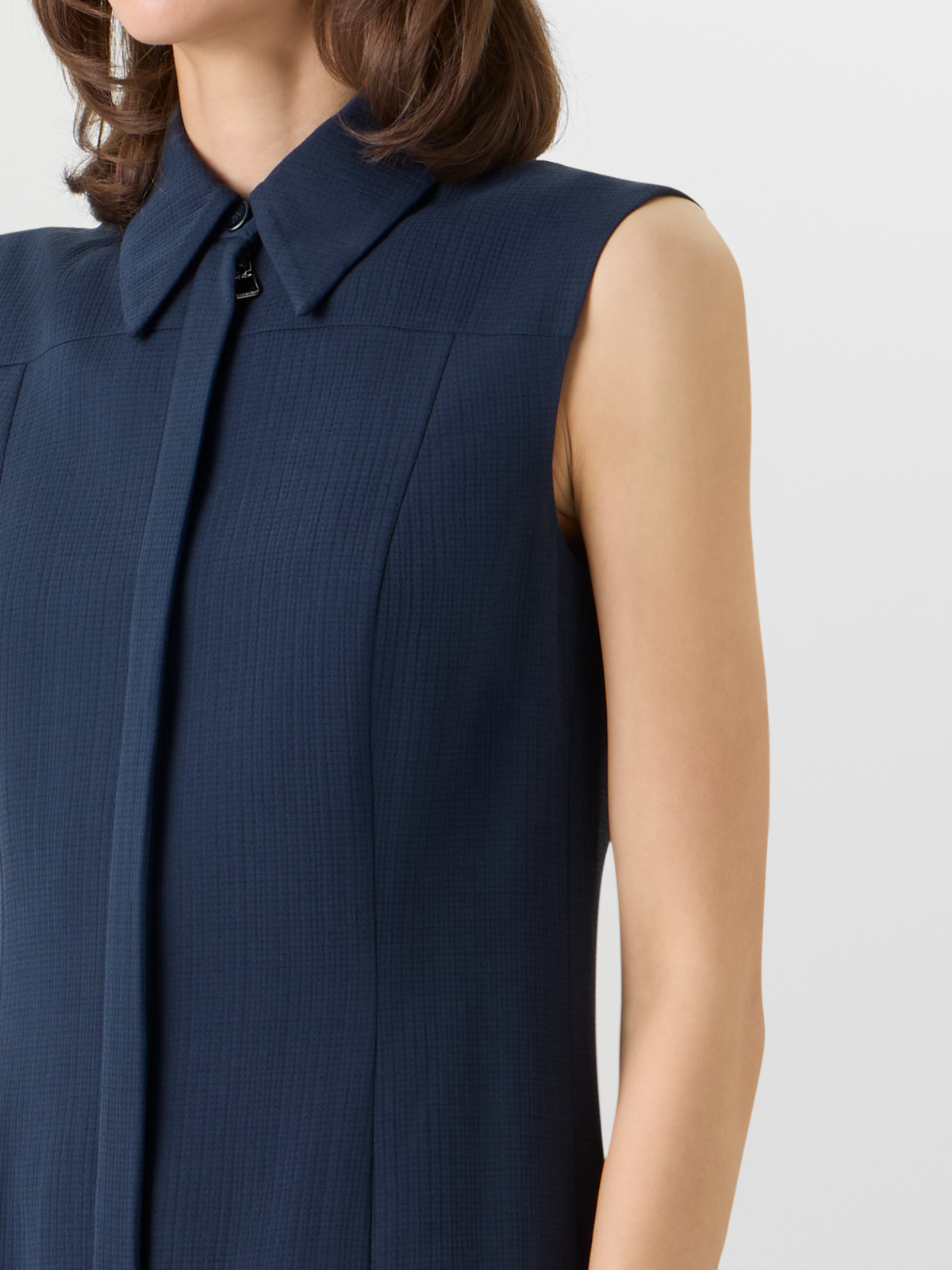 Designer Sleeveless Structured Cotton-Silk Double-Face Midi Shirt Dress - blue #editorial