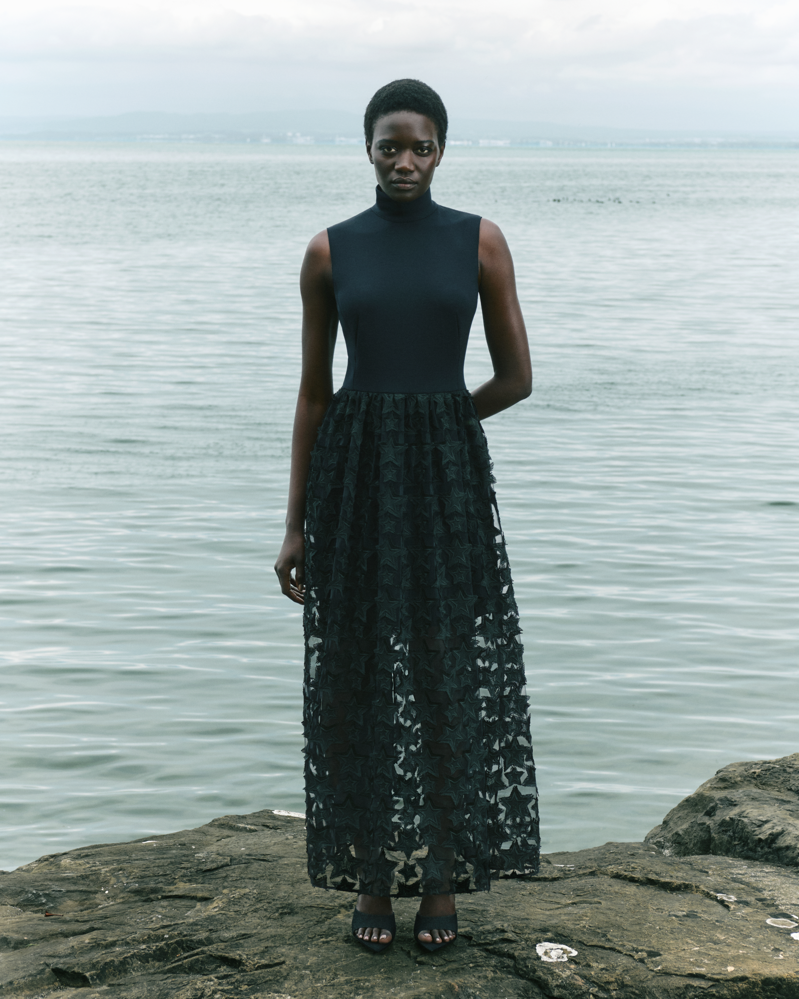 Designer Midi Dress with 3D Star Embroidery - black 