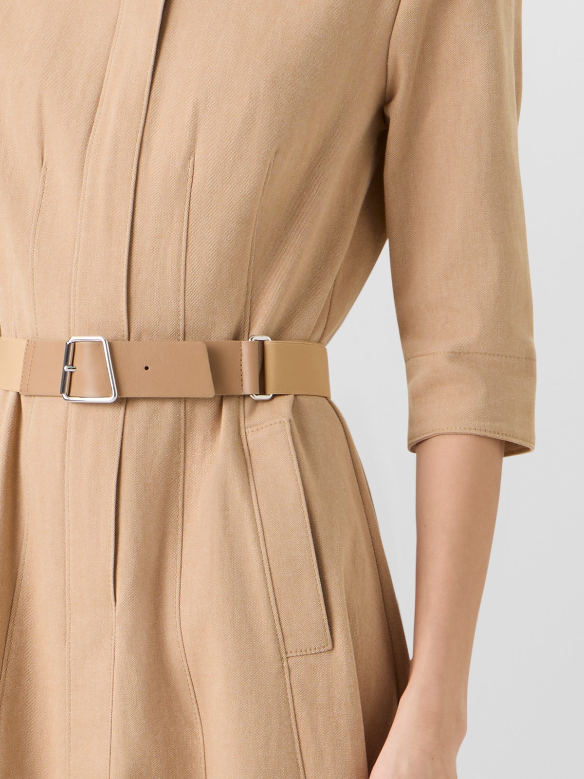 Designer A-Line Cotton-Denim Stretch Midi Dress - beige #editorial