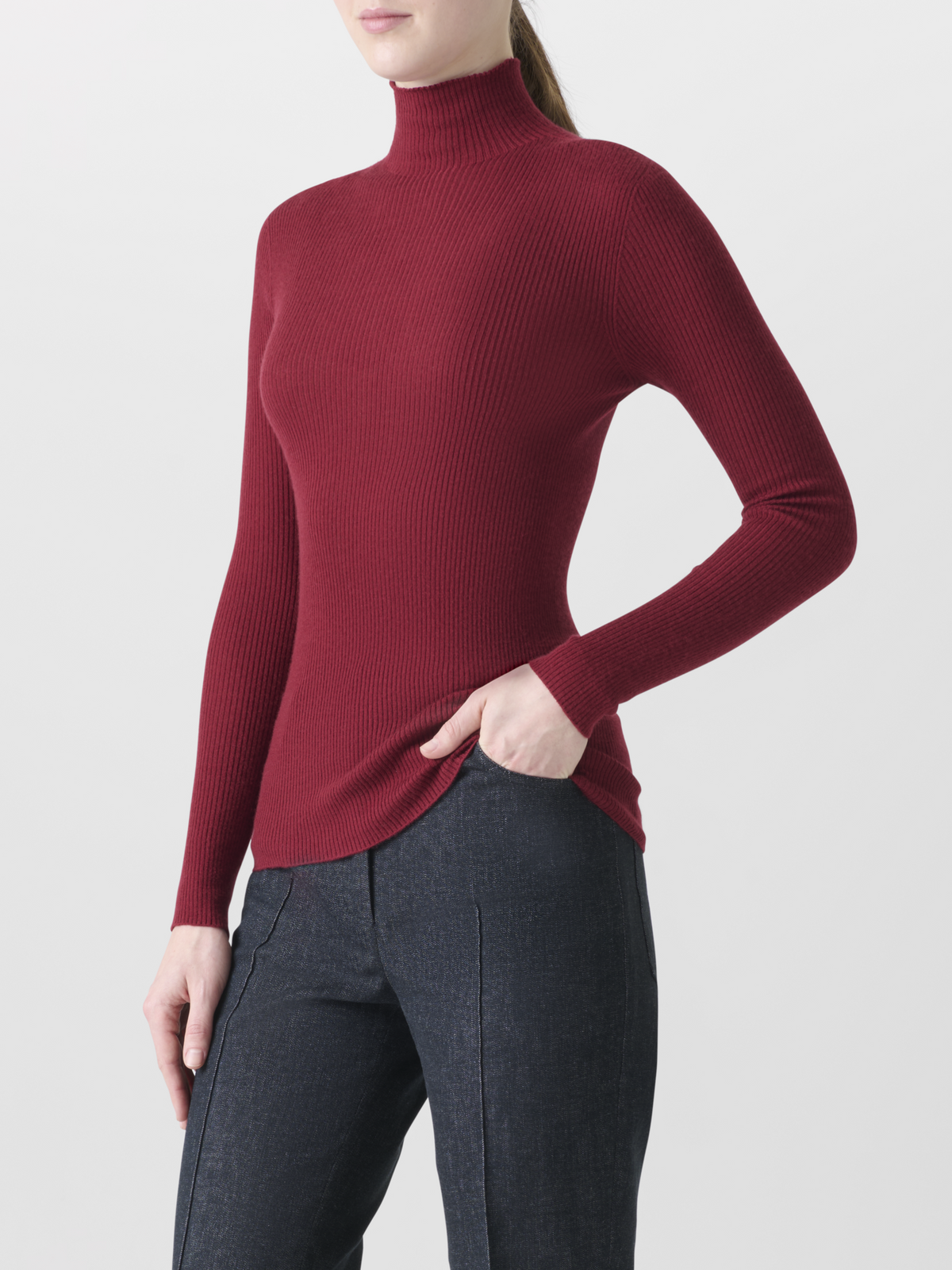 Designer Fine Rib Cashmere Silk Mock Neck Sweater - red 