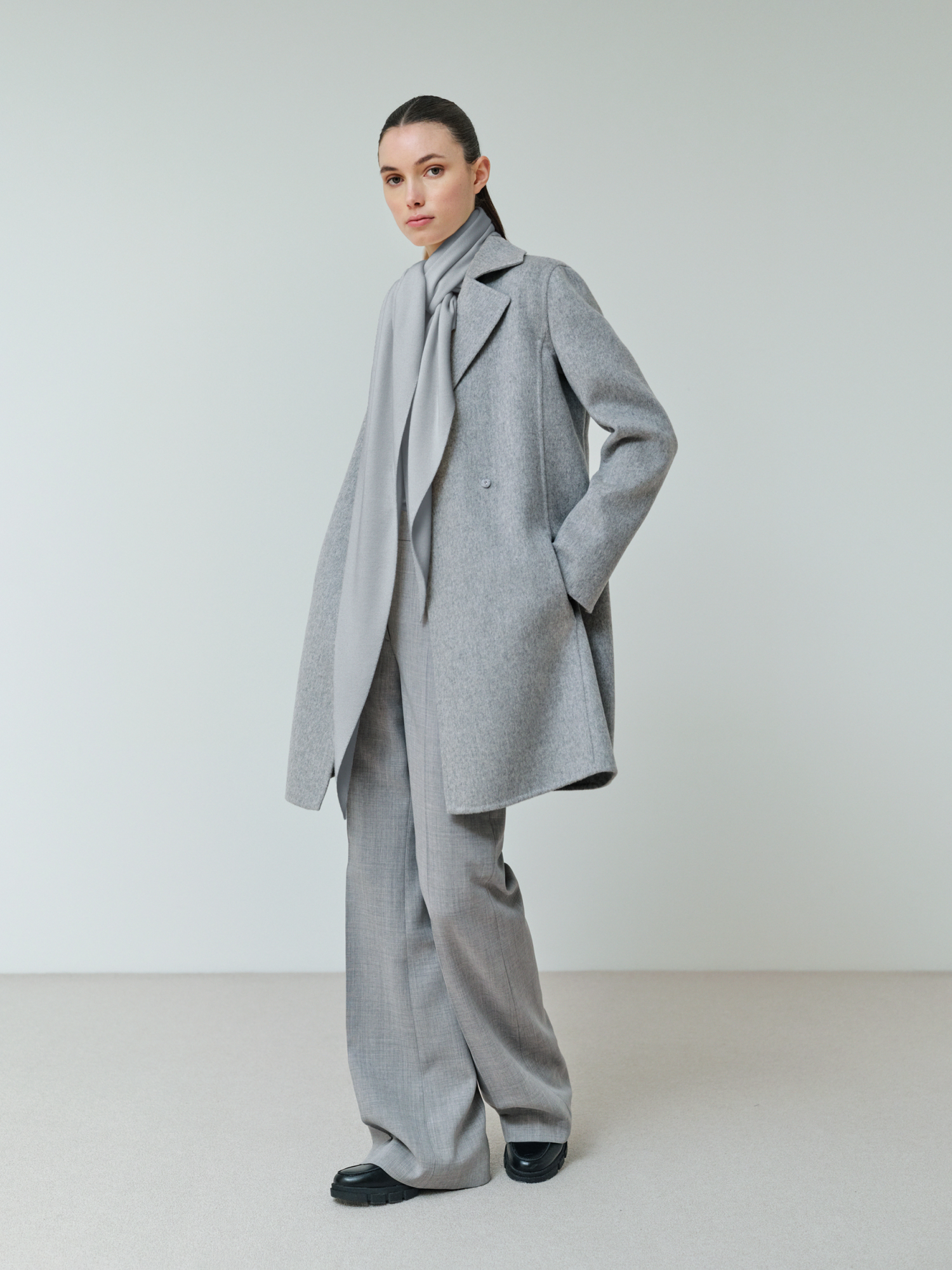 Designer Wide Straight Wool Stretch Double-Face Pants - grey 