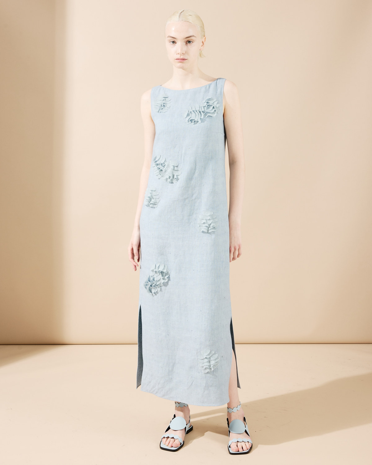 Designer Midi Linen Dress with 3D Carnation Detail - pastel - blue #editorial