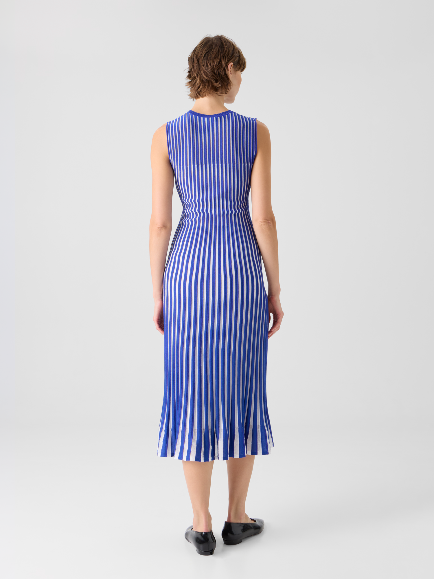 Designer Two Tone Rib Knit Dress with Sheer Shoulders - blue 