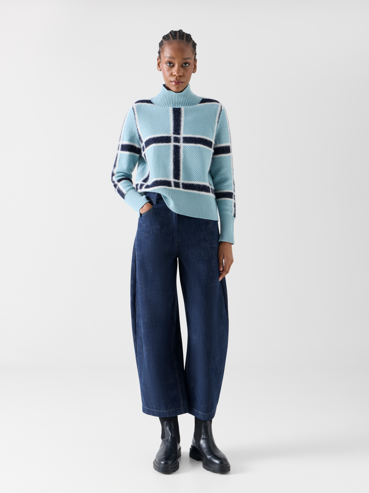 Designer Wool Cashmere Sweater with Intarsia Plaid - blue #editorial