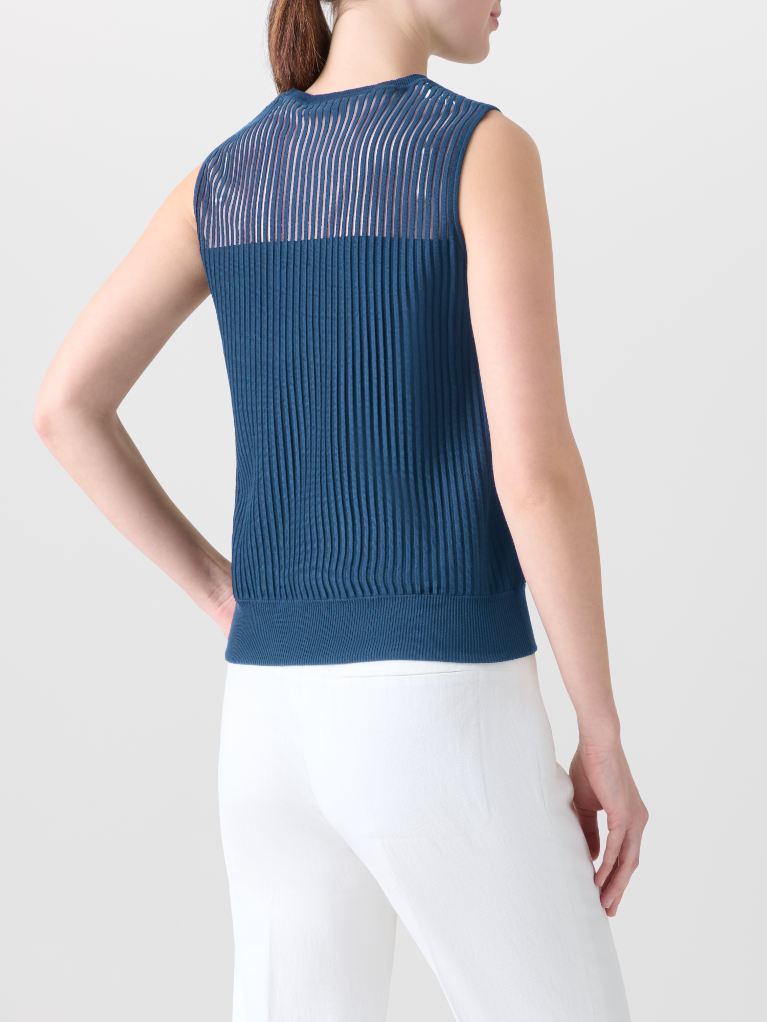 Designer Knit Top in Silk Blend Structured Lines - blue 