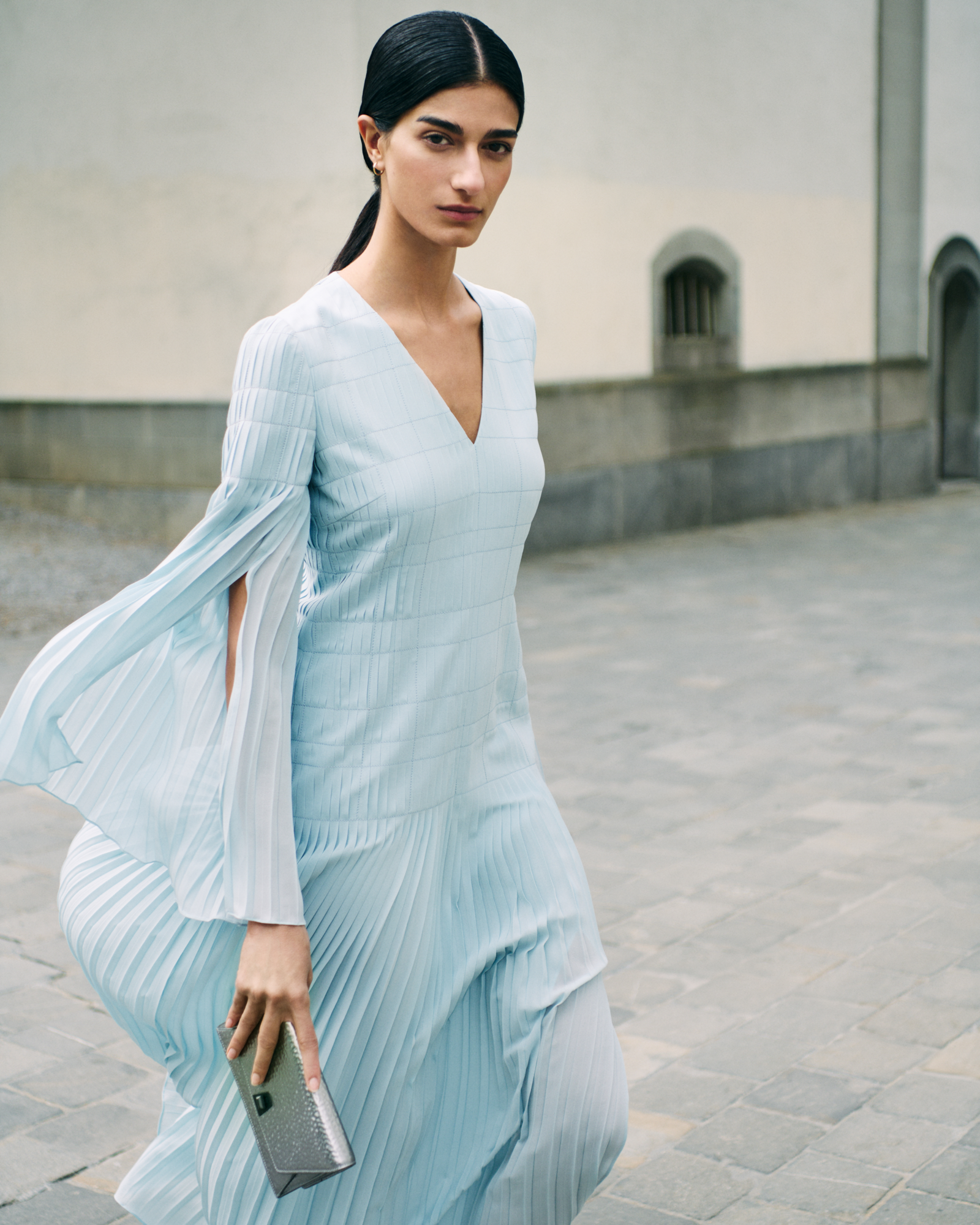 Designer Long Pleated Gown with Long Flared Sleeves - blue 
