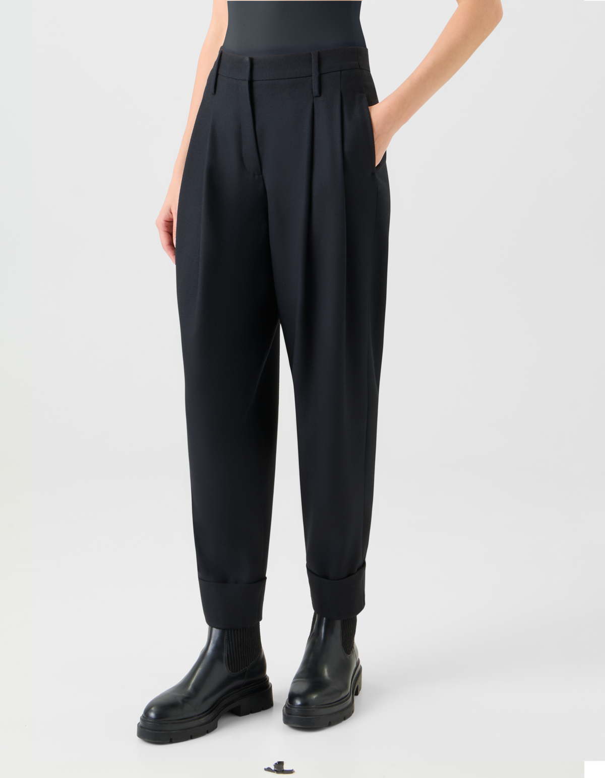 Designer Cropped Tapered Wool Tricotine Pleated Pants - black - neutral #editorial