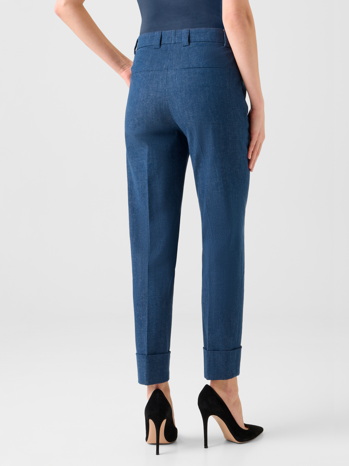 Designer Cropped Tapered Stretch Cotton Denim Pants - blue #editorial