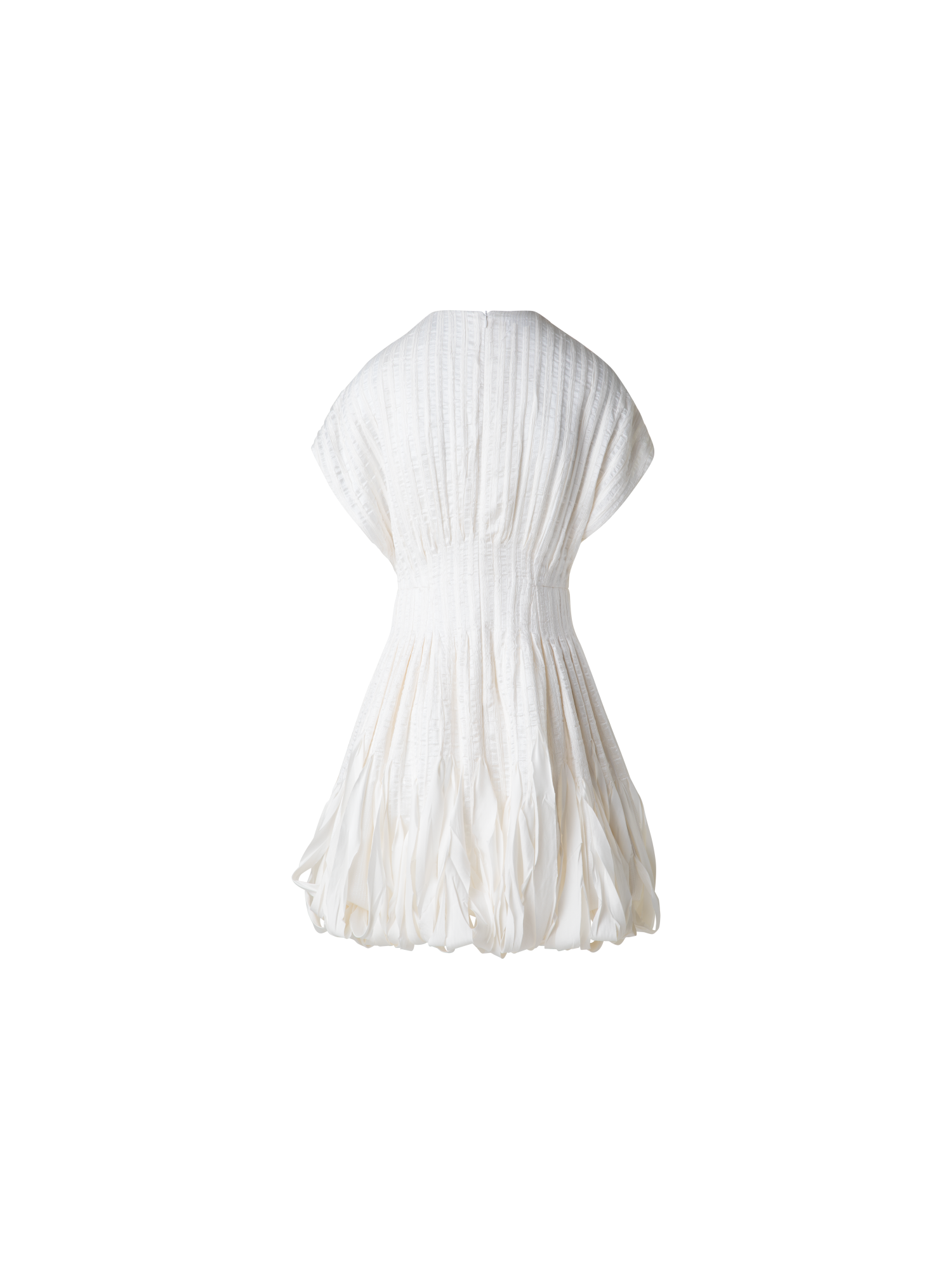 Designer Short Flared Silk Dress with Ribbon Loops Skirt - ecru - white