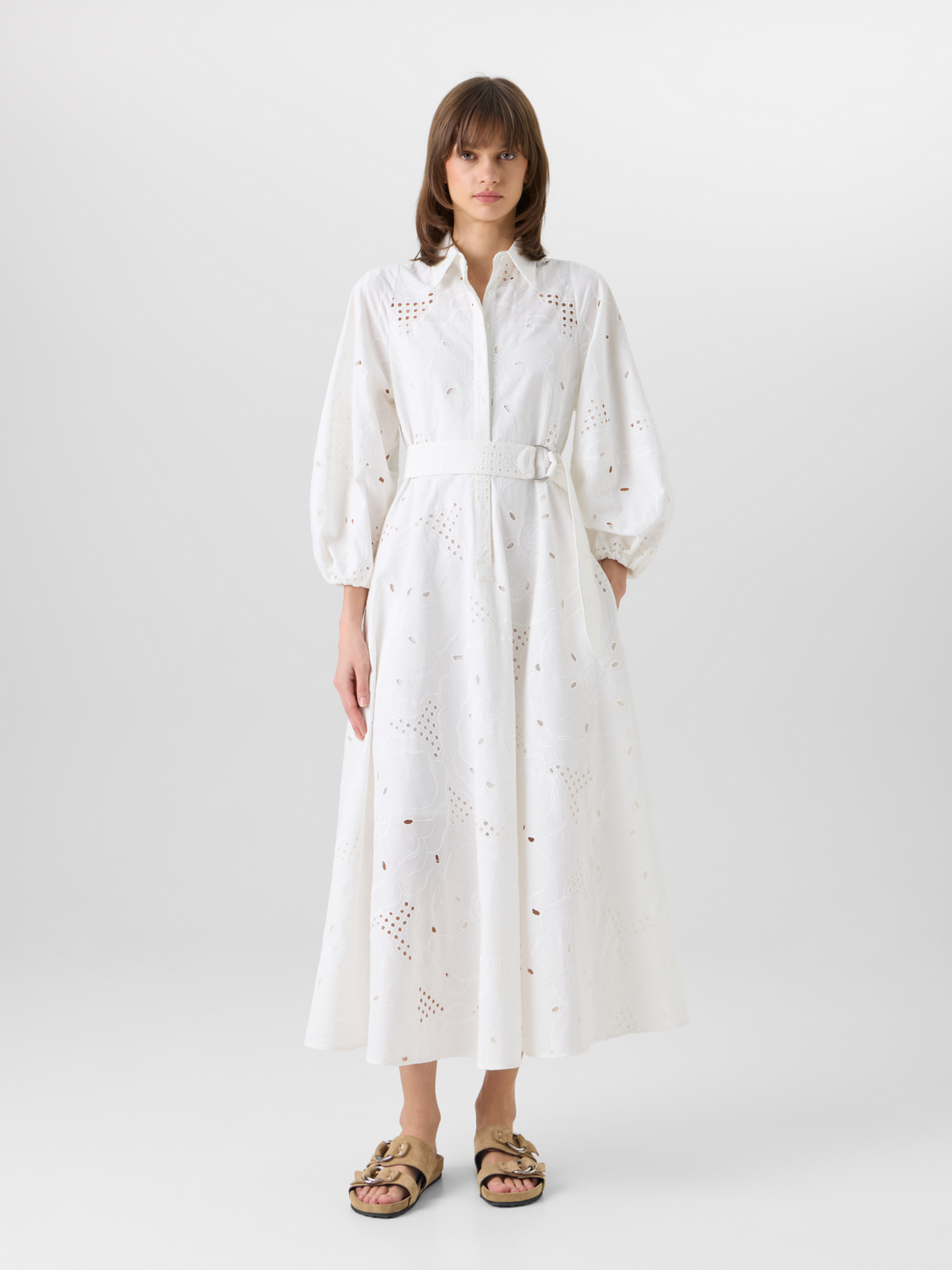Fit-and-Flare Flower Eyelet Midi Dress