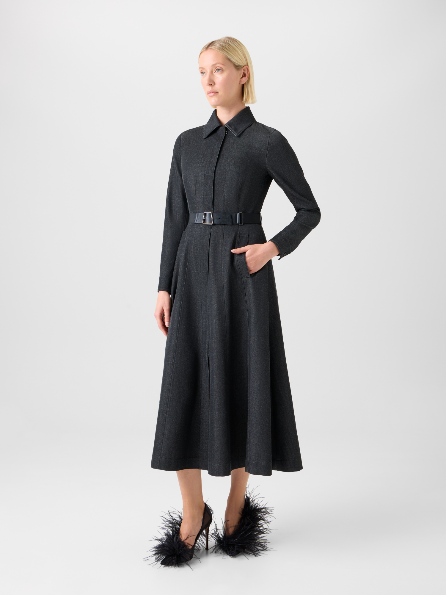 Designer Belted Stretch Cotton Denim Midi Shirt Dress - neutral - grey 