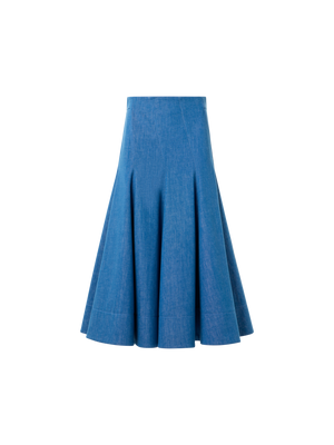 Designer Diagonal Godet Cotton Stretch Denim Midi Skirt - blue