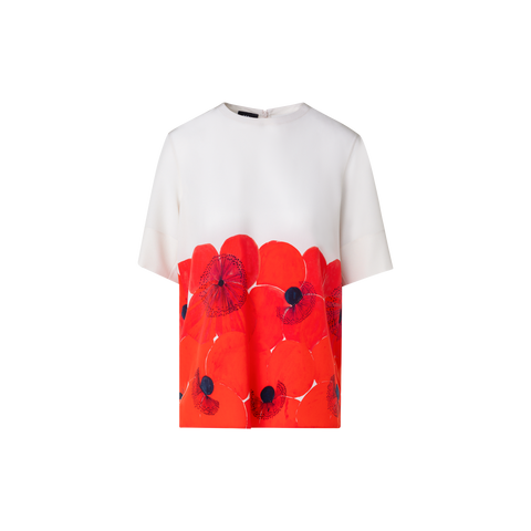 Silk T-Shirt Blouse with Poppy Print