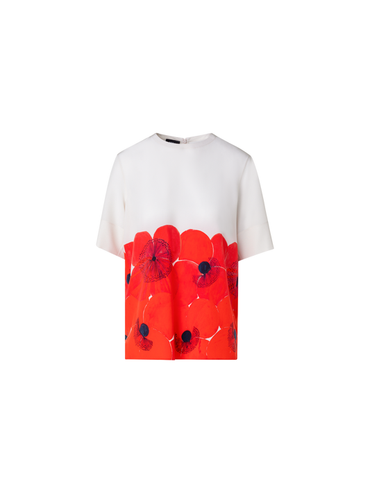Designer Silk T-Shirt Blouse with Poppy Print - red