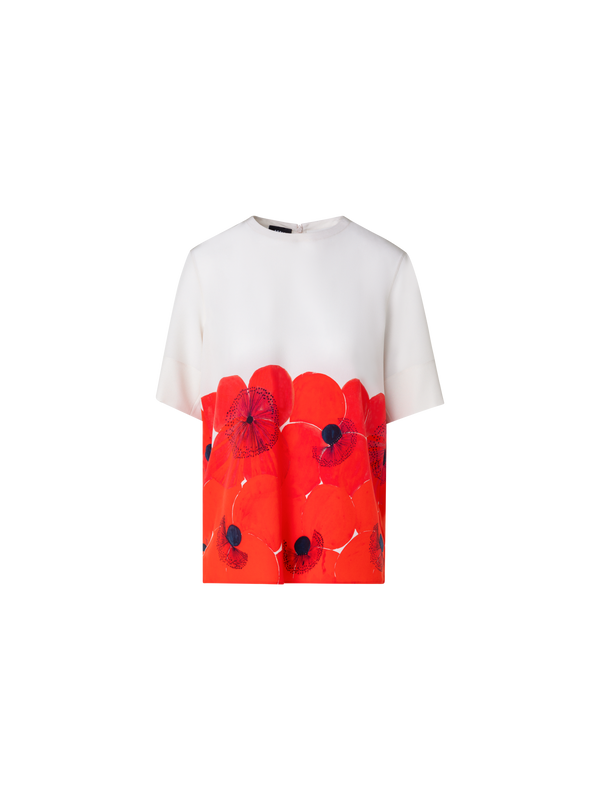Designer Silk T-Shirt Blouse with Poppy Print - red