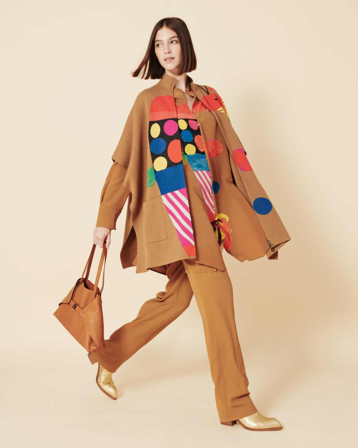 Designer Oversized Silk Tunic Blouse with Rooster Print - brown - multicolor #editorial