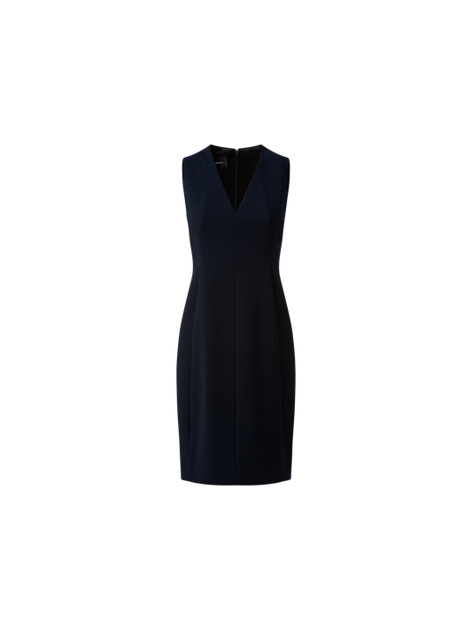 Designer Sleeveless V-Neck Wool Double-Face Sheath Dress - navy - blue
