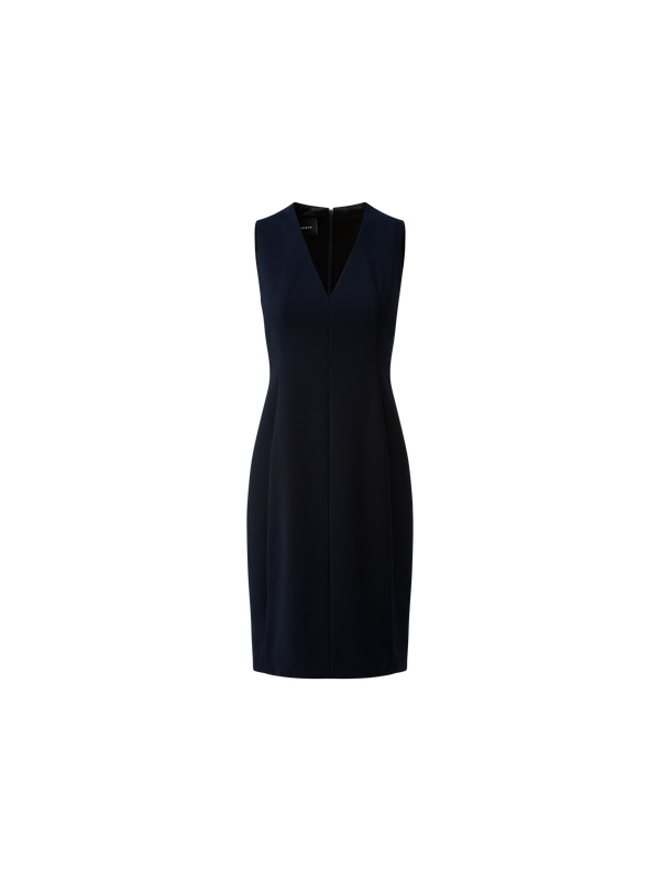 Designer Sleeveless V-Neck Wool Double-Face Sheath Dress - navy - blue