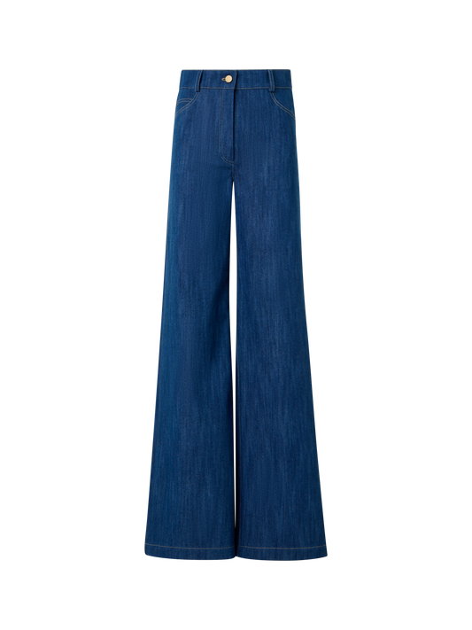 Designer Wide Cotton Denim Stretch Pants - navy - blue