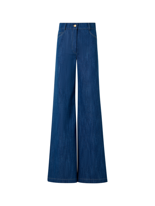 Designer Wide Cotton Denim Stretch Pants - navy - blue