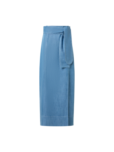 Designer Wrap-Detail Viscose Denim Midi Pencil Skirt - blue