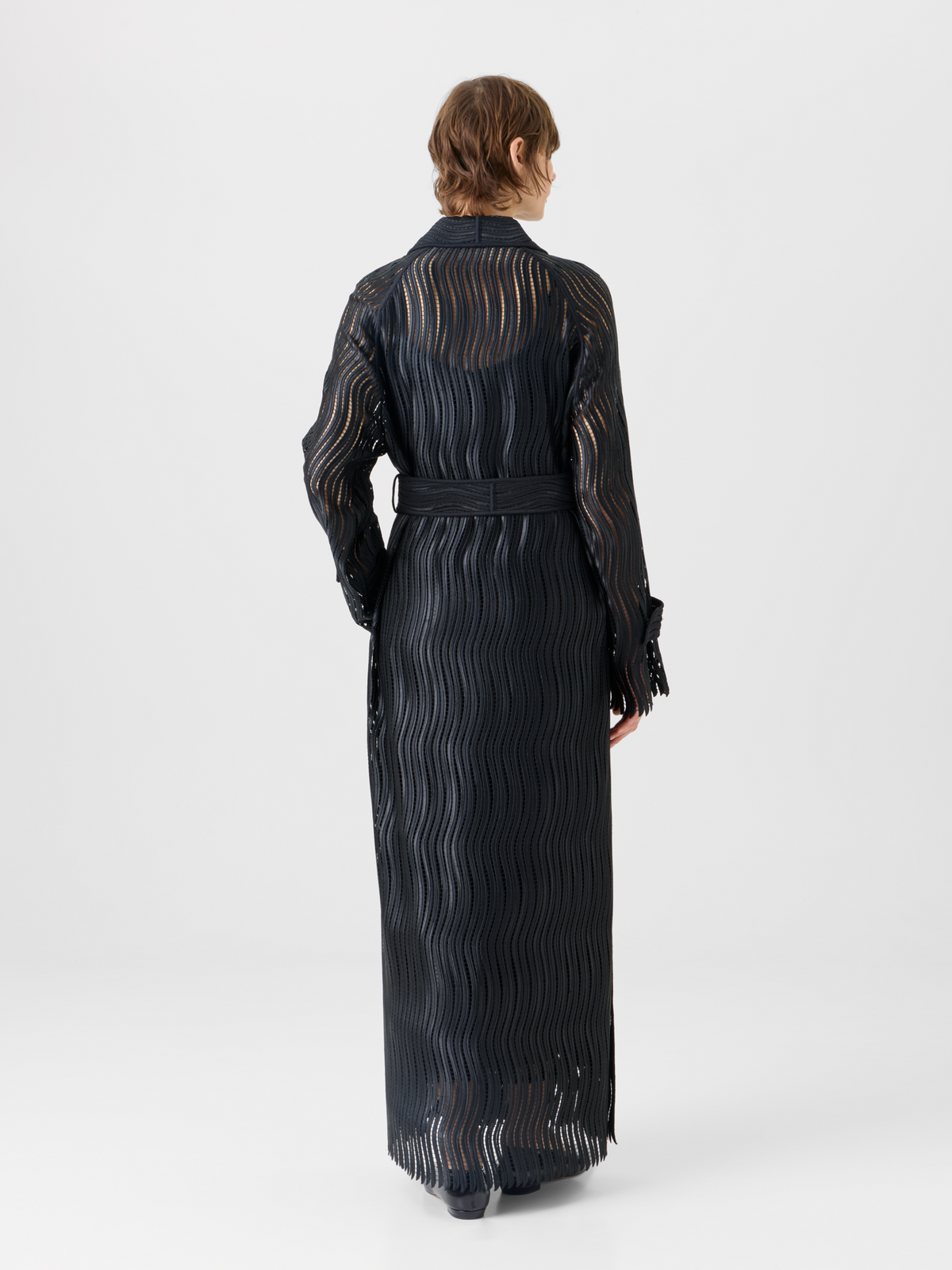 Designer Estelle Long Coat in Wave Guipure - black #editorial