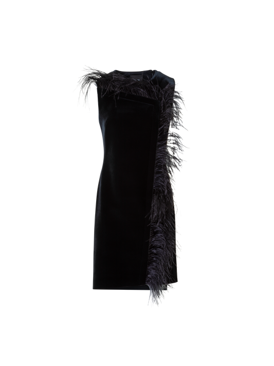 Designer Short Velvet Neoprene Dress with Feather Trim - black - neutral