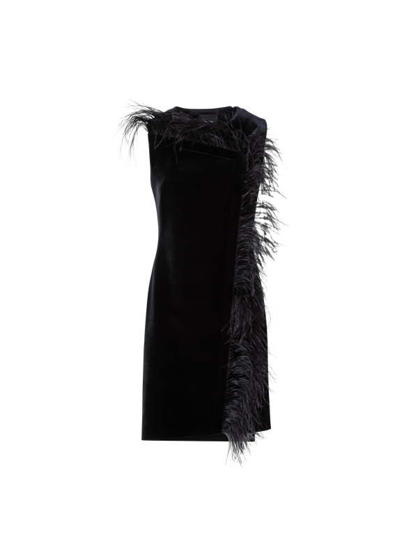 Designer Short Velvet Neoprene Dress with Feather Trim - black - neutral