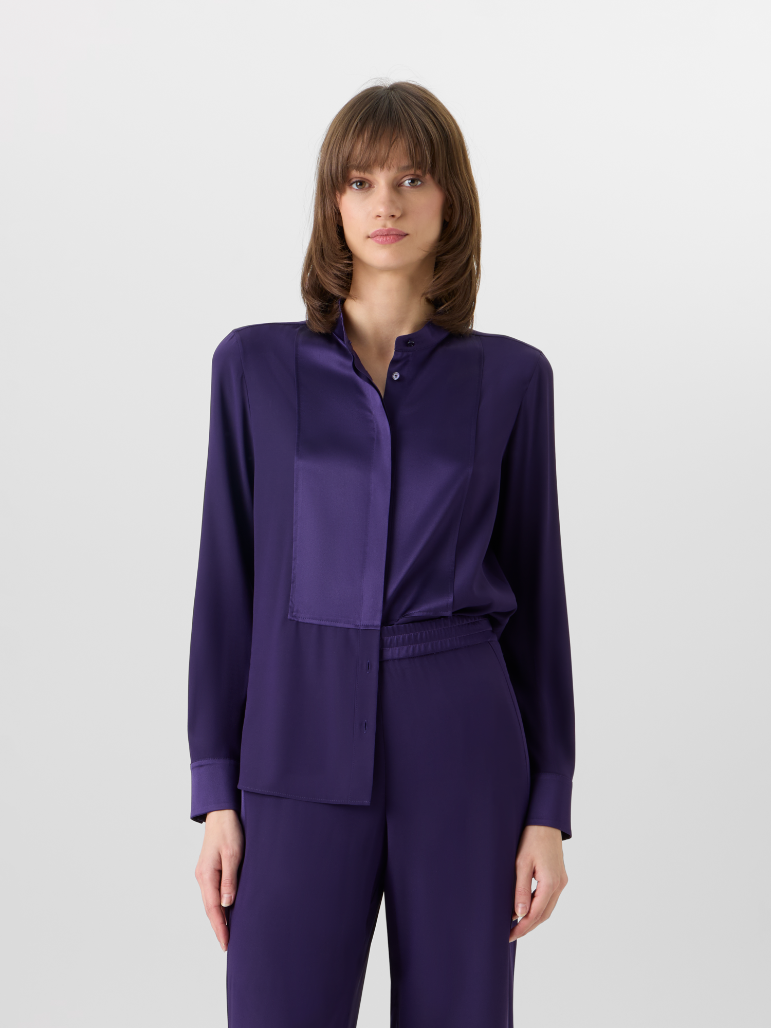 Designer Long-Sleeve Stretch-Silk Blouse - purple 