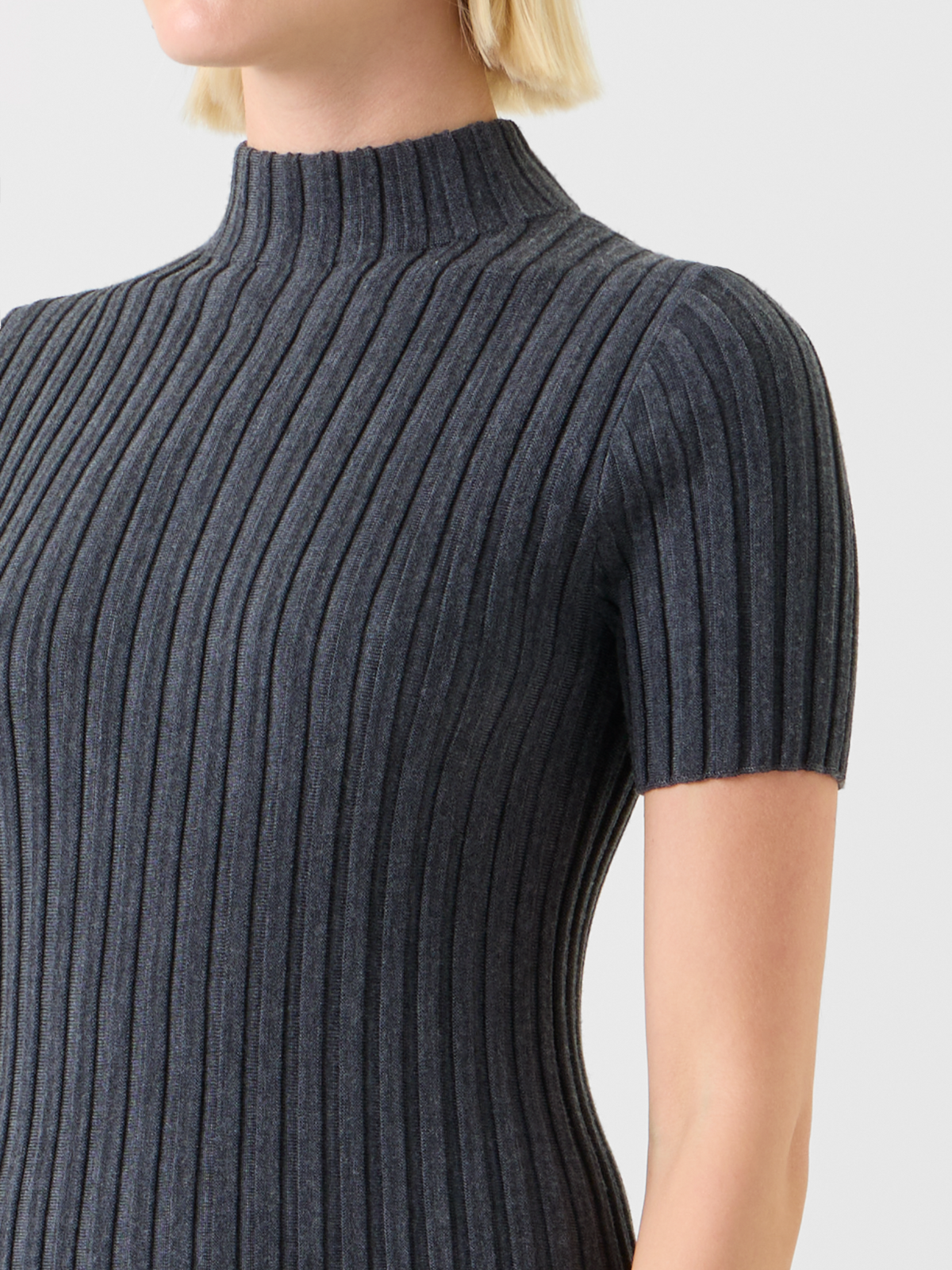 Designer Fitted Merino Wool Rib Mock Neck Knit Top - neutral - grey #editorial